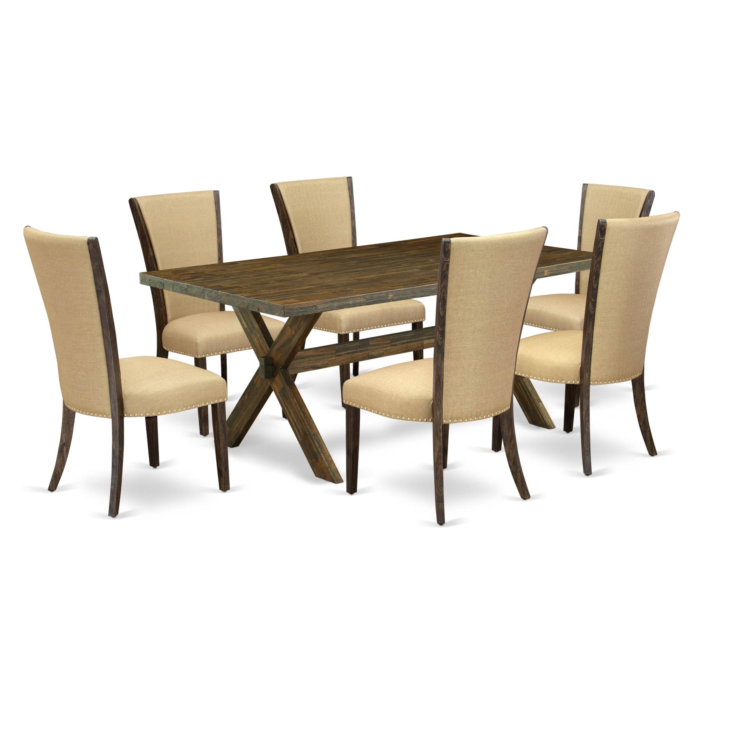 East West Furniture X777Ve703-7 7 Piece Dinette Set Consist Of A Rectangle Dining Room Table With X-Legs And 6 Brown Linen Fabric Upholstered Parson Chairs, 40X72 Inch, Multi-Color